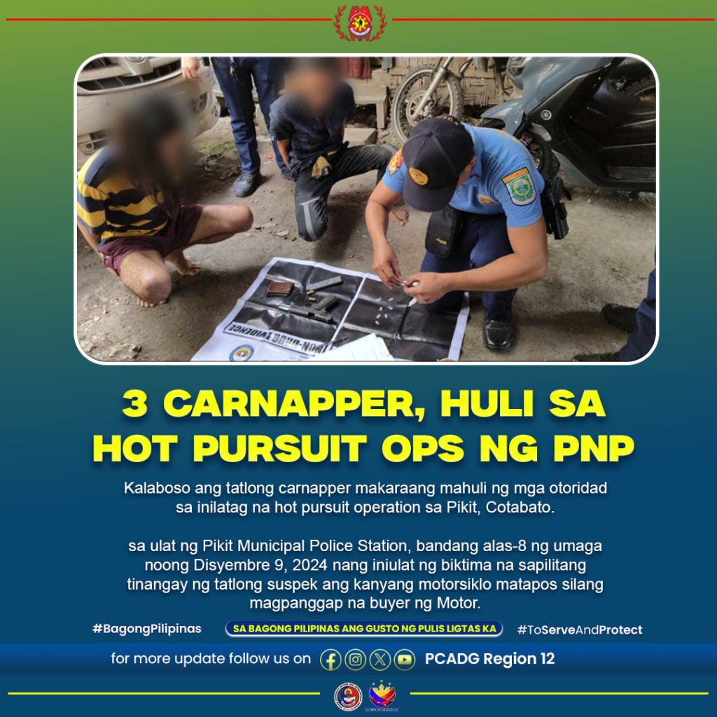 Three Carnappers Arrested in Hot Pursuit Operation in Pikit, Cotabato ...